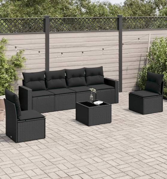 7-tlg. Garten-Sofagarnitur mit Kissen Schwarz Poly Rattan