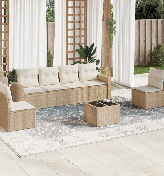 7-tlg. Garten-Sofagarnitur mit Kissen Beige Poly Rattan