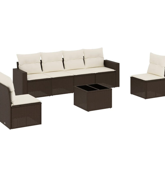 7-tlg. Garten-Sofagarnitur mit Kissen Braun Poly Rattan