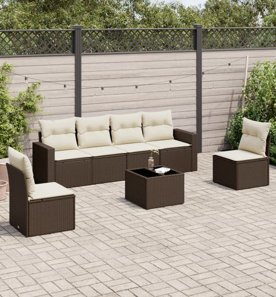 7-tlg. Garten-Sofagarnitur mit Kissen Braun Poly Rattan