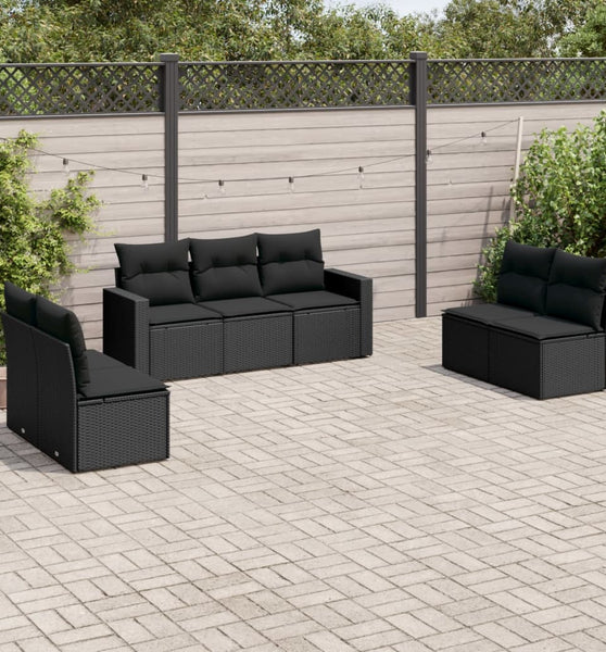 7-tlg. Garten-Sofagarnitur mit Kissen Schwarz Poly Rattan