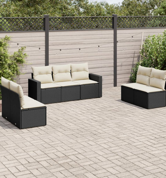 7-tlg. Garten-Sofagarnitur mit Kissen Schwarz Poly Rattan