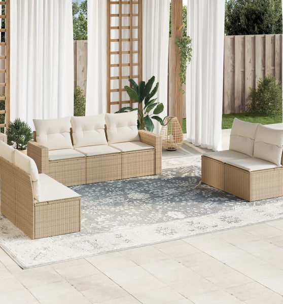 7-tlg. Garten-Sofagarnitur mit Kissen Beige Poly Rattan