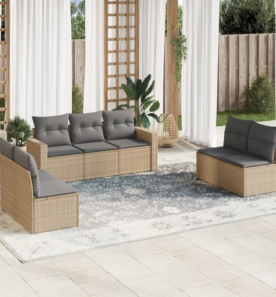 7-tlg. Garten-Sofagarnitur mit Kissen Beige Poly Rattan