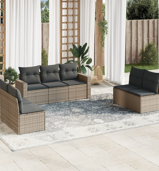 7-tlg. Garten-Sofagarnitur mit Kissen Grau Poly Rattan
