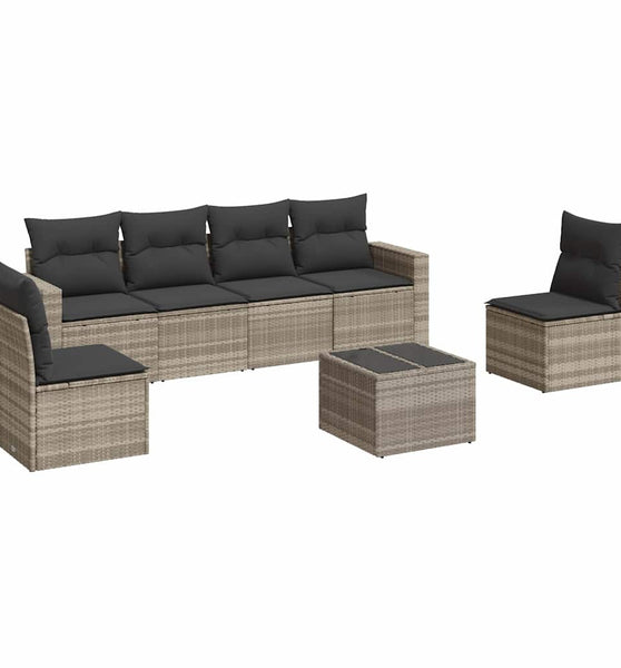 7-tlg. Garten-Sofagarnitur mit Kissen Hellgrau Poly Rattan