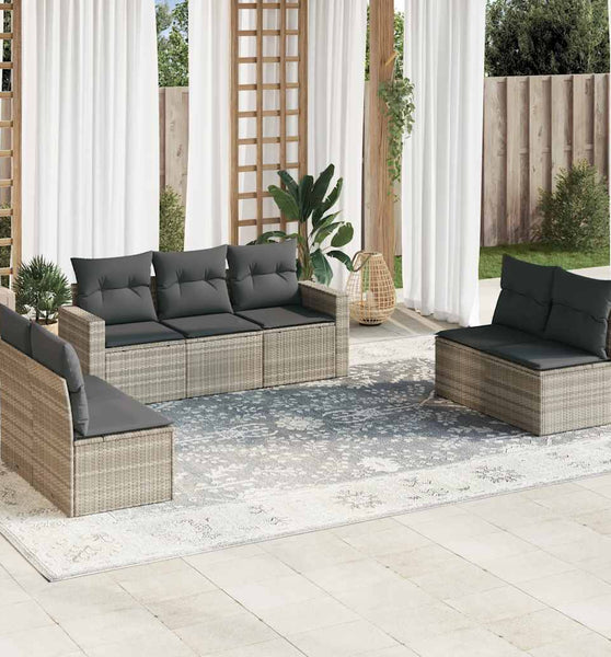 7-tlg. Garten-Sofagarnitur mit Kissen Hellgrau Poly Rattan
