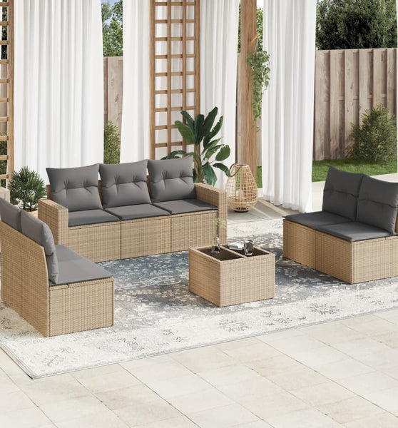 8-tlg. Garten-Sofagarnitur mit Kissen Beige Poly Rattan