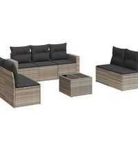 8-tlg. Garten-Sofagarnitur mit Kissen Hellgrau Poly Rattan