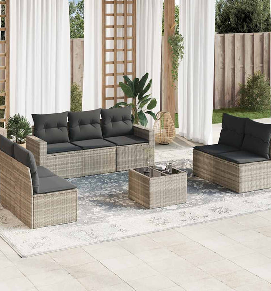 8-tlg. Garten-Sofagarnitur mit Kissen Hellgrau Poly Rattan