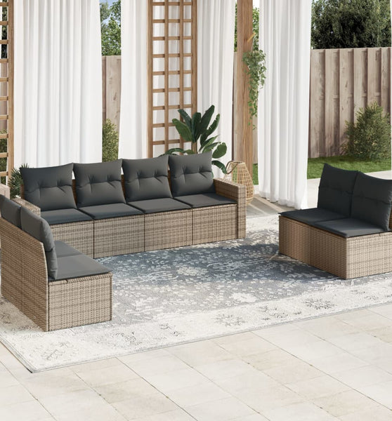 8-tlg. Garten-Sofagarnitur mit Kissen Grau Poly Rattan