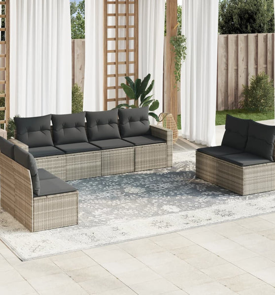 8-tlg. Garten-Sofagarnitur mit Kissen Hellgrau Poly Rattan