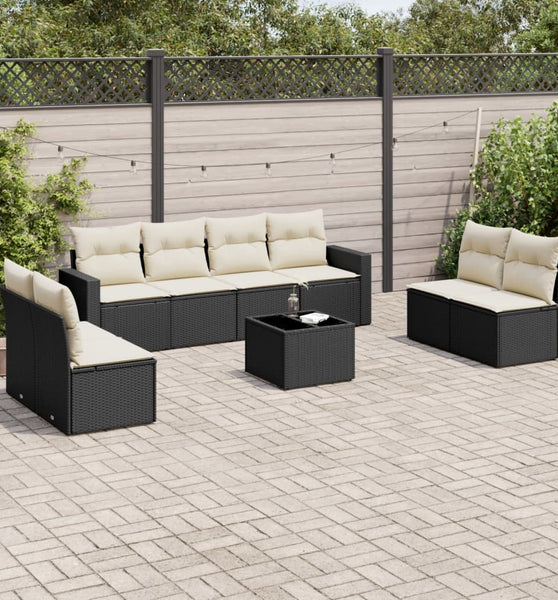 9-tlg. Garten-Sofagarnitur mit Kissen Schwarz Poly Rattan