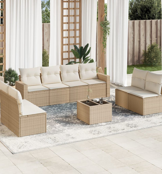 9-tlg. Garten-Sofagarnitur mit Kissen Beige Poly Rattan