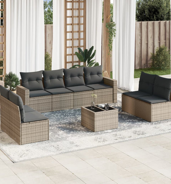 9-tlg. Garten-Sofagarnitur mit Kissen Grau Poly Rattan