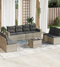 9-tlg. Garten-Sofagarnitur mit Kissen Hellgrau Poly Rattan