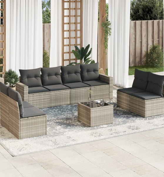 9-tlg. Garten-Sofagarnitur mit Kissen Hellgrau Poly Rattan