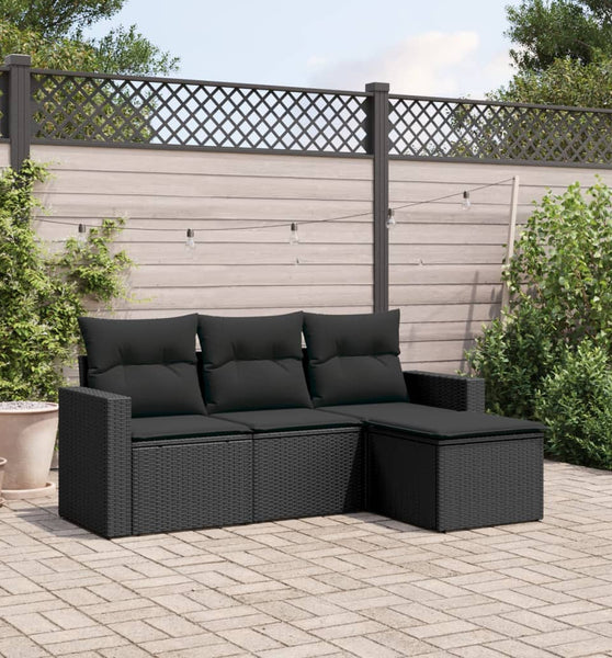 4-tlg. Garten-Sofagarnitur mit Kissen Schwarz Poly Rattan