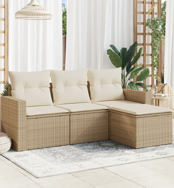 4-tlg. Garten-Sofagarnitur mit Kissen Beige Poly Rattan