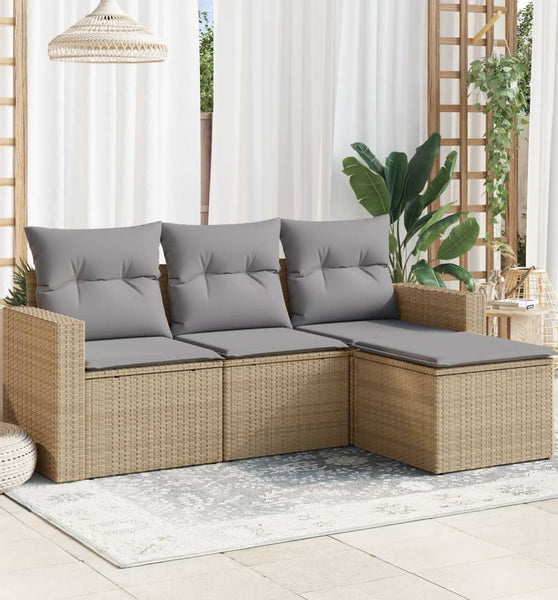 4-tlg. Garten-Sofagarnitur mit Kissen Beige Poly Rattan