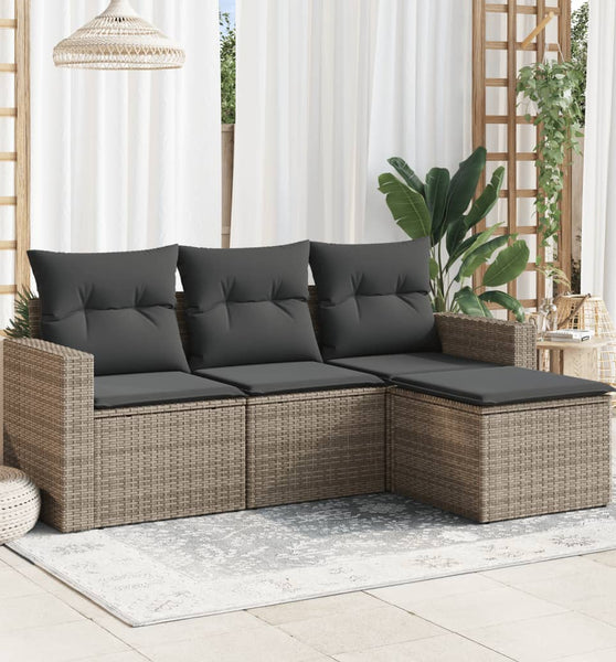 4-tlg. Garten-Sofagarnitur mit Kissen Grau Poly Rattan