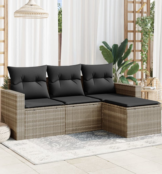 4-tlg. Garten-Sofagarnitur mit Kissen Hellgrau Poly Rattan