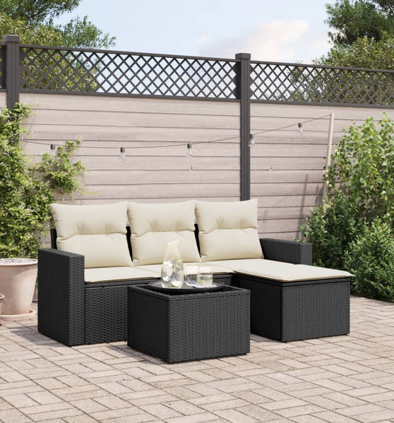 5-tlg. Garten-Sofagarnitur mit Kissen Schwarz Poly Rattan