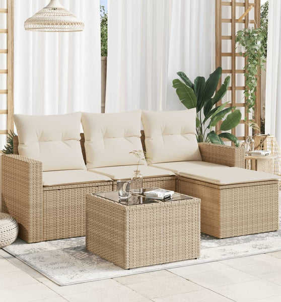 5-tlg. Garten-Sofagarnitur mit Kissen Beige Poly Rattan