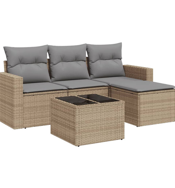 5-tlg. Garten-Sofagarnitur mit Kissen Beige Poly Rattan