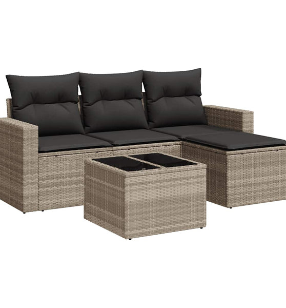 5-tlg. Garten-Sofagarnitur mit Kissen Hellgrau Poly Rattan