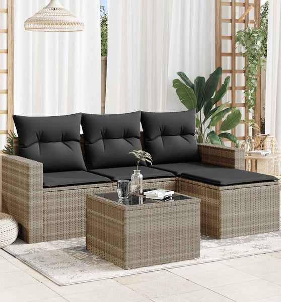 5-tlg. Garten-Sofagarnitur mit Kissen Hellgrau Poly Rattan