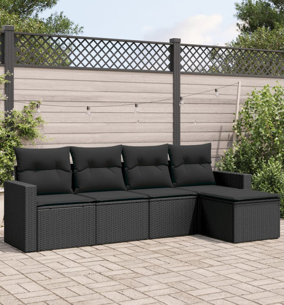 5-tlg. Garten-Sofagarnitur mit Kissen Schwarz Poly Rattan