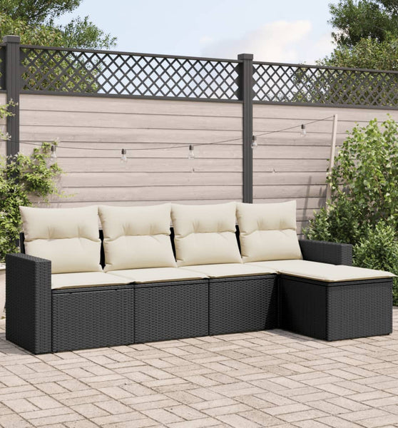 5-tlg. Garten-Sofagarnitur mit Kissen Schwarz Poly Rattan