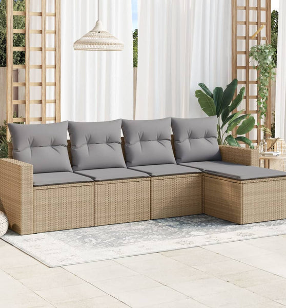 5-tlg. Garten-Sofagarnitur mit Kissen Beige Poly Rattan