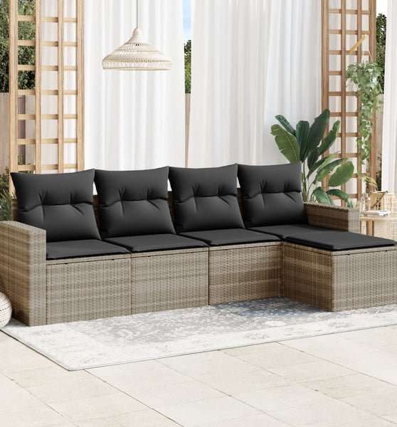 5-tlg. Garten-Sofagarnitur mit Kissen Hellgrau Poly Rattan