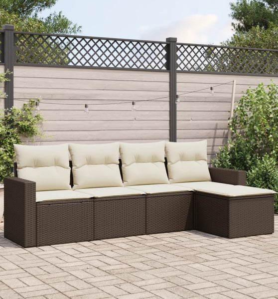 5-tlg. Garten-Sofagarnitur mit Kissen Braun Poly Rattan