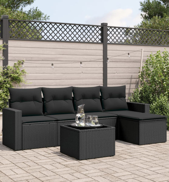 6-tlg. Garten-Sofagarnitur mit Kissen Schwarz Poly Rattan