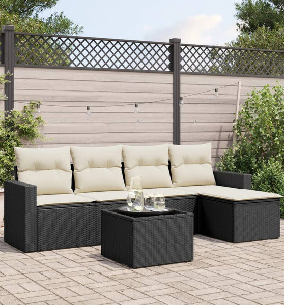 6-tlg. Garten-Sofagarnitur mit Kissen Schwarz Poly Rattan