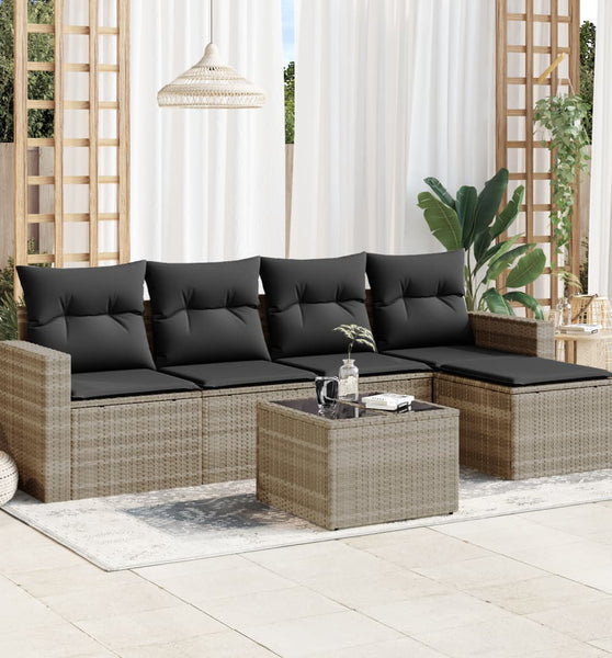 6-tlg. Garten-Sofagarnitur mit Kissen Hellgrau Poly Rattan