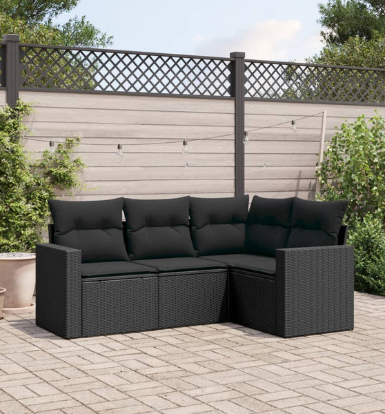 4-tlg. Garten-Sofagarnitur mit Kissen Schwarz Poly Rattan