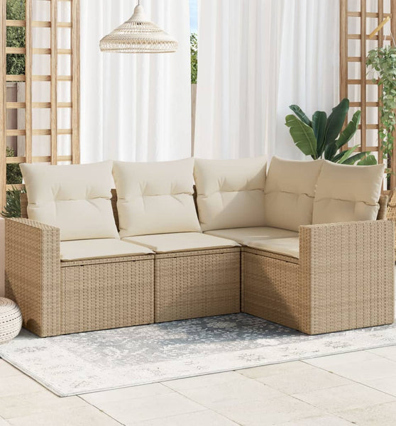 4-tlg. Garten-Sofagarnitur mit Kissen Beige Poly Rattan