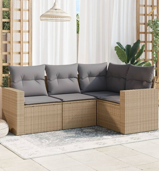 4-tlg. Garten-Sofagarnitur mit Kissen Beige Poly Rattan