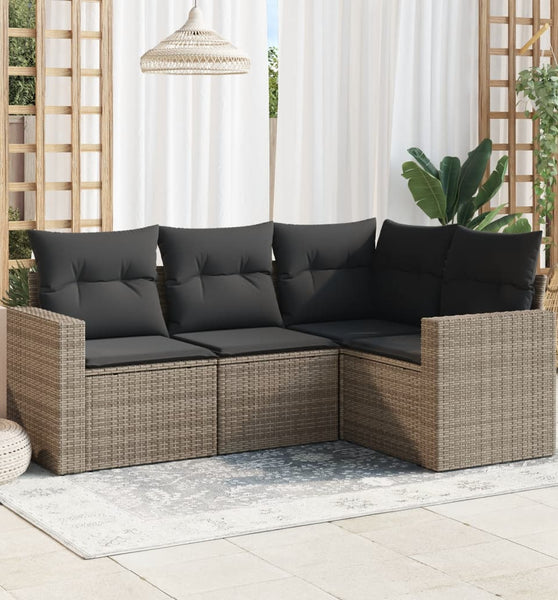 4-tlg. Garten-Sofagarnitur mit Kissen Grau Poly Rattan