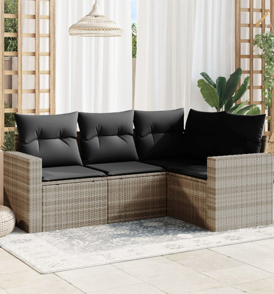4-tlg. Garten-Sofagarnitur mit Kissen Hellgrau Poly Rattan