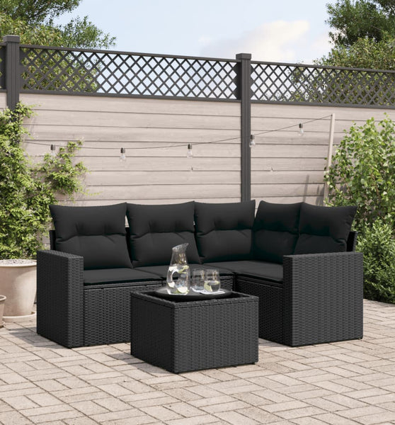 5-tlg. Garten-Sofagarnitur mit Kissen Schwarz Poly Rattan