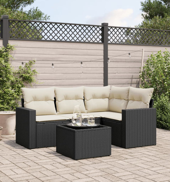 5-tlg. Garten-Sofagarnitur mit Kissen Schwarz Poly Rattan
