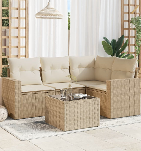 5-tlg. Garten-Sofagarnitur mit Kissen Beige Poly Rattan