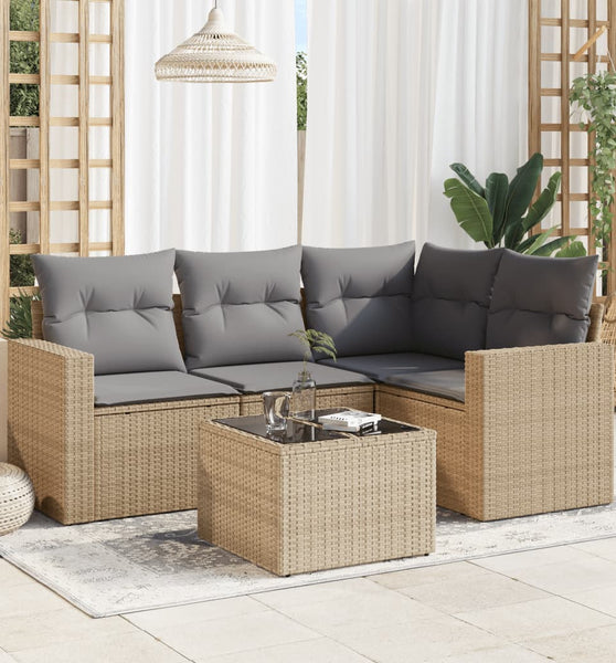 5-tlg. Garten-Sofagarnitur mit Kissen Beige Poly Rattan
