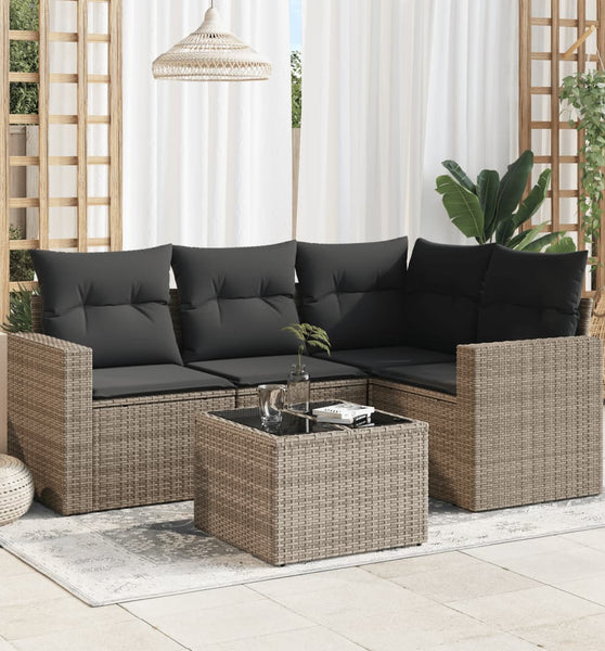 5-tlg. Garten-Sofagarnitur mit Kissen Grau Poly Rattan