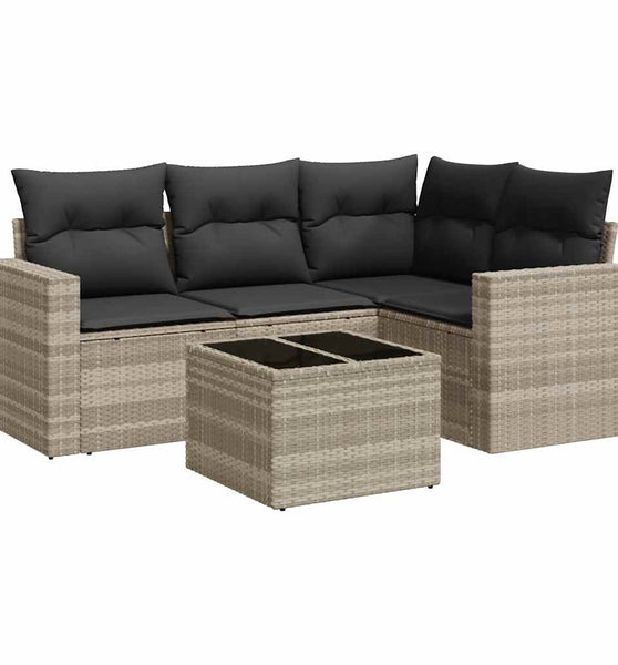 5-tlg. Garten-Sofagarnitur mit Kissen Hellgrau Poly Rattan